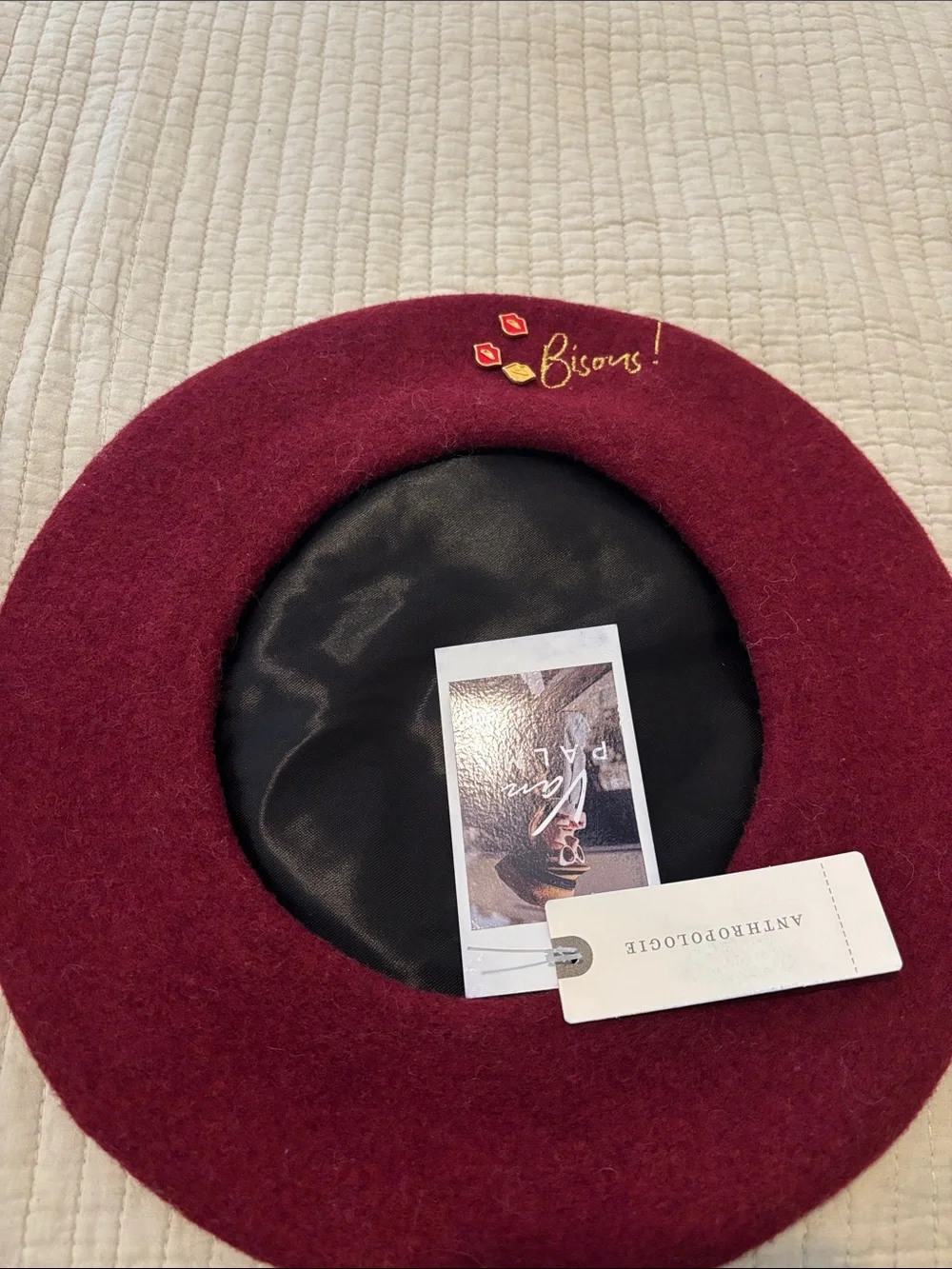 Anthropologie Burgundy Wool Beret with Gold Embroidery and Lip Pins